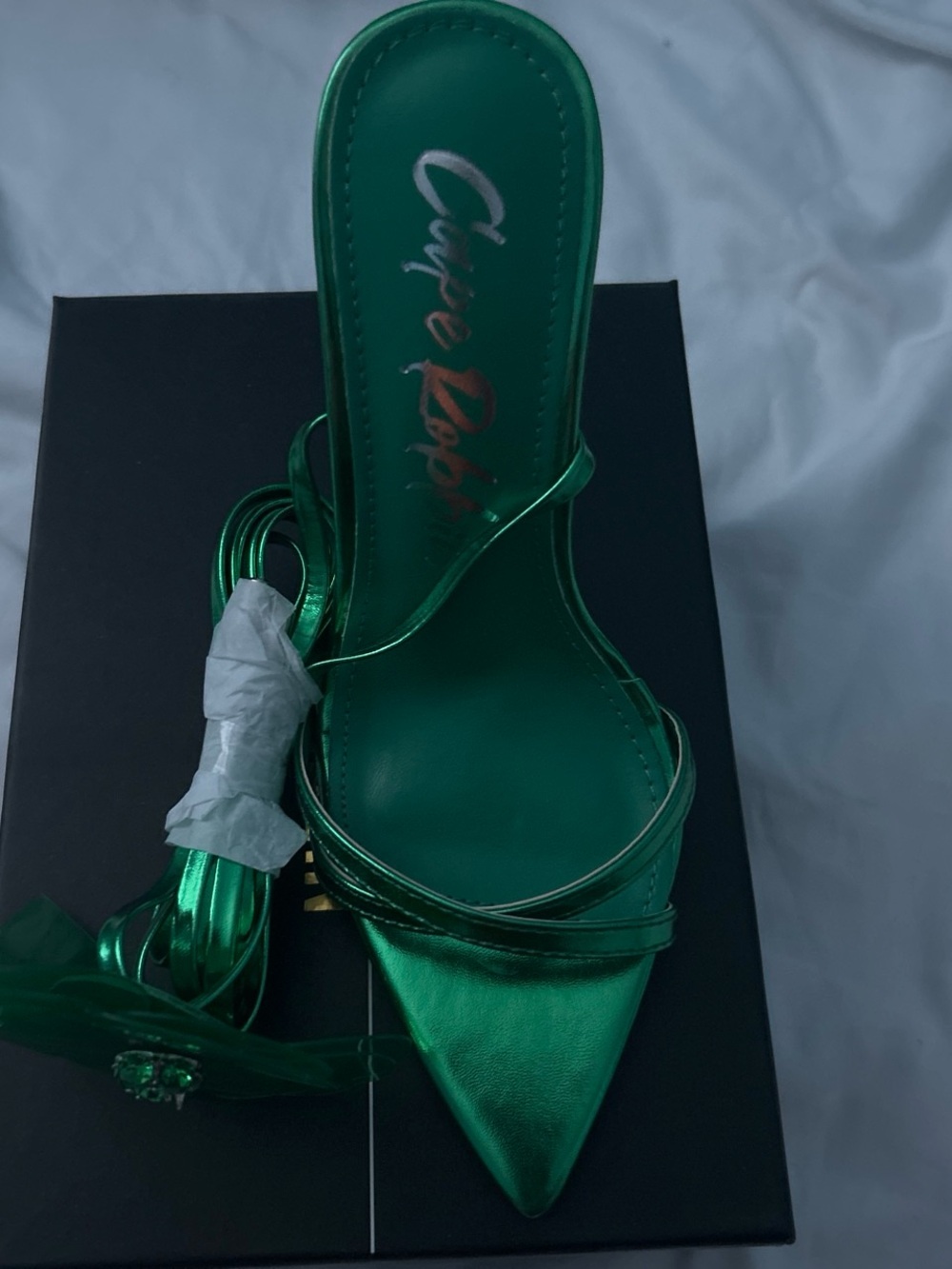 Cape Robbin Metallic Green Pointed Lace-Up Heel